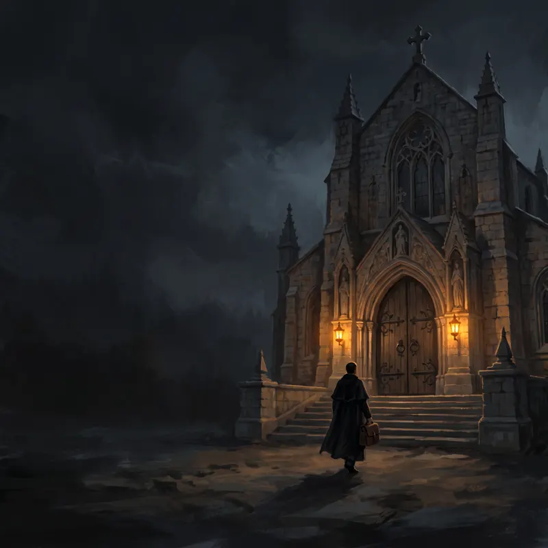 The priest arriving on the monastery steps
