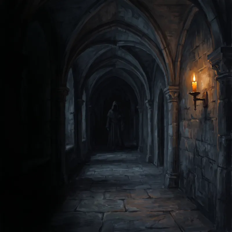 A dark monastery corridor